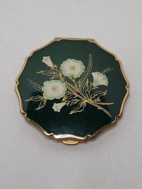 Stratton England Enameled Green White Floral Vintage Loose Powder Mirror Compact